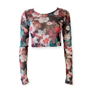 Floral Print Sheer Mesh Long Sleeved Crop Top Small Y2K Tattoo